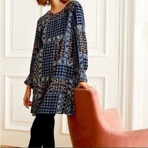 Ann Taylor LOFT Dress Bohemian Floral Patchwork Quilt Long Sleeve Lined Blue 2